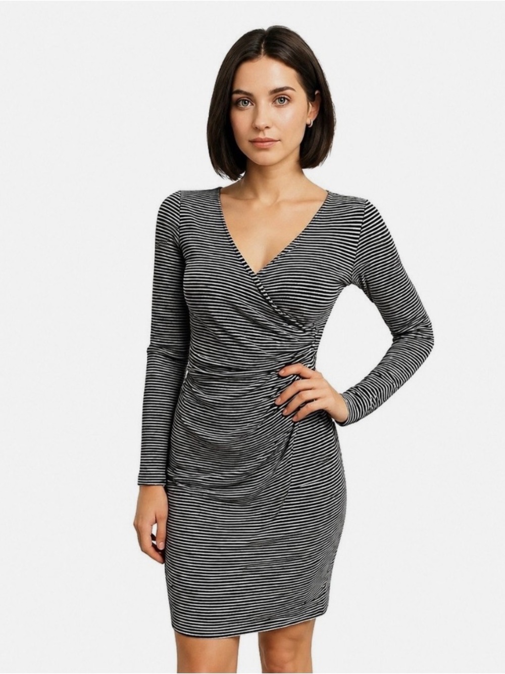 Leith Striped Long-Sleeve wrap Dress - Black & White